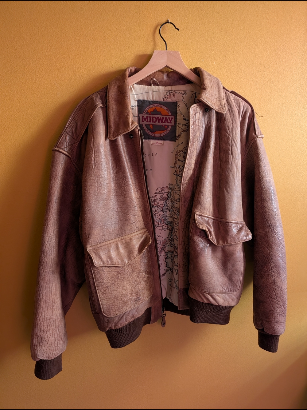 Men's Light Brown Leather Bomber Jacket with Map-Print Lining